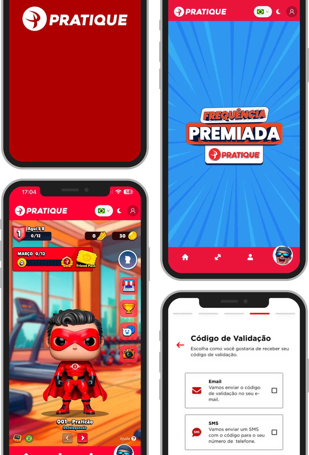 Telas do aplicativo da Pratique Fitness em celulares