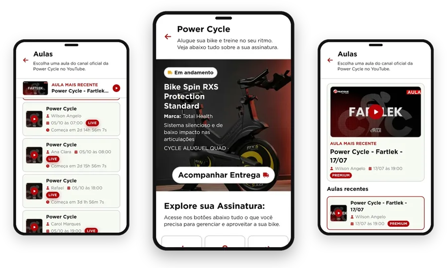 Telas do app da Pratique Fitness com aulas de Power Cycle